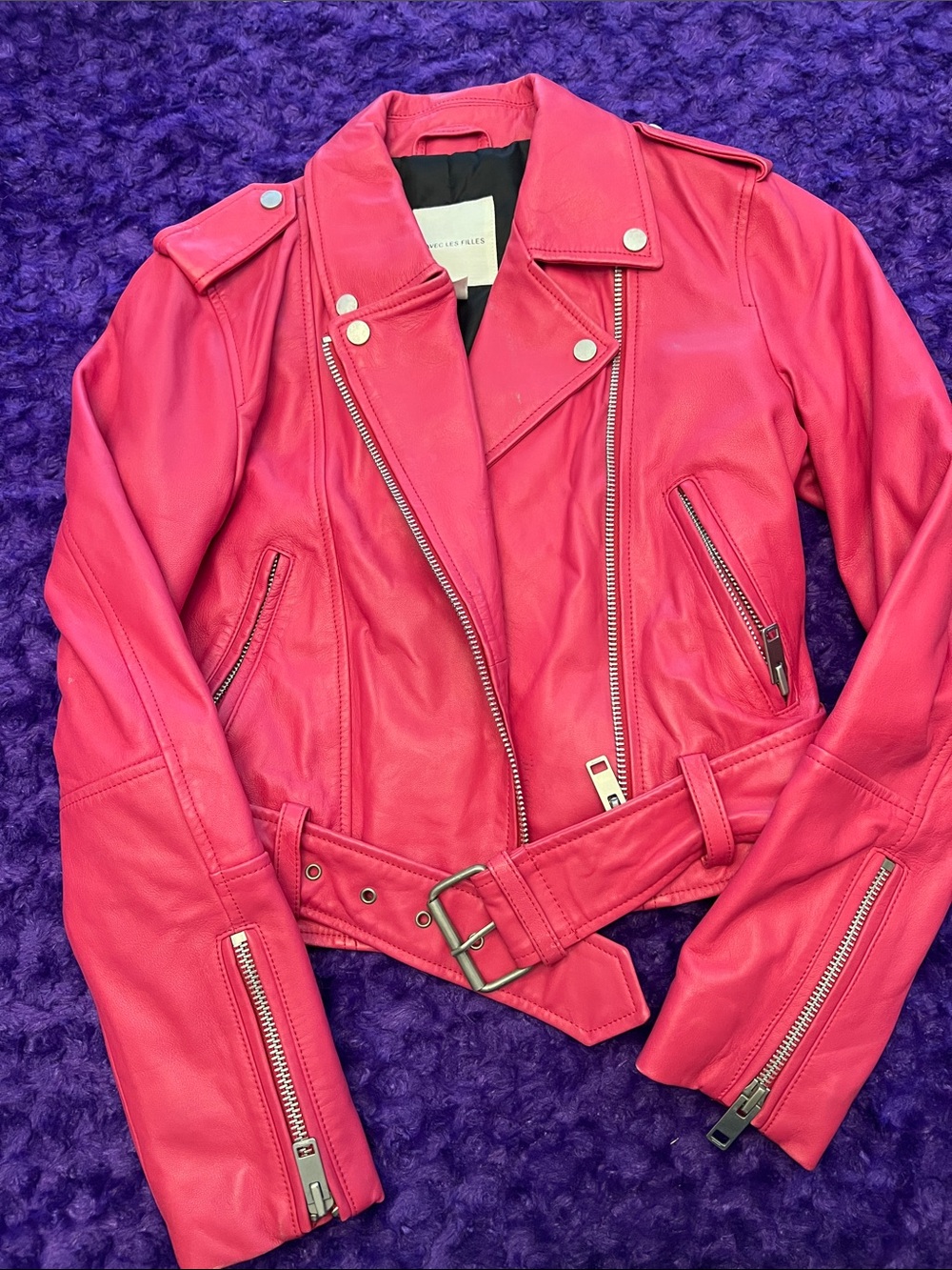 Avec Les Filles Pink Leather Moto Jacket with Belted Waist